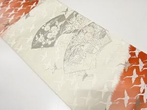 プラチナ箔　地紙に草花・鴛鴦・群鶴模様織り出し　袋帯